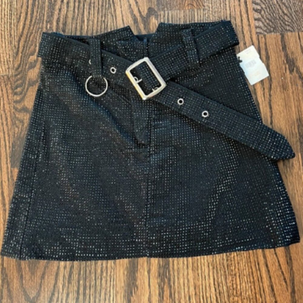 Black belted rhinestone mini skirt